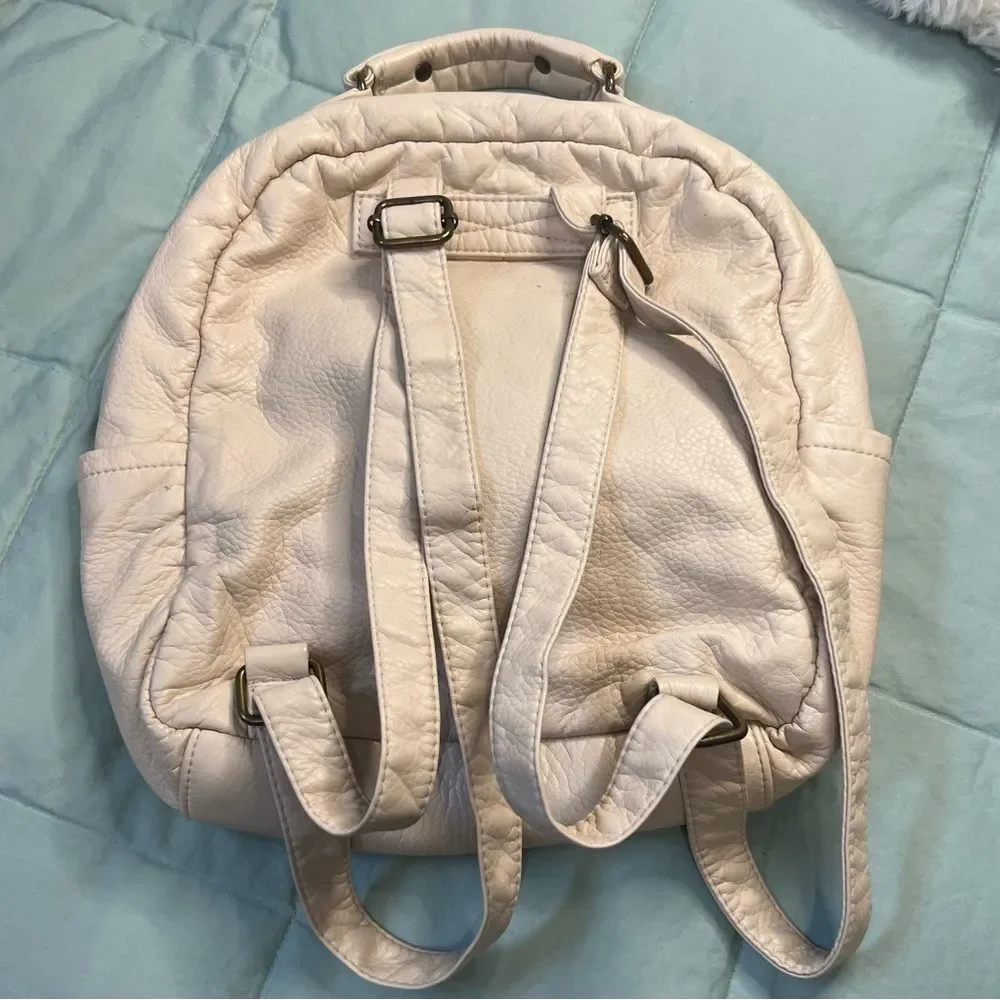 Cream Faux Leather Mini Backpack Pom Pom Charm Boho Casual Daypack Beige